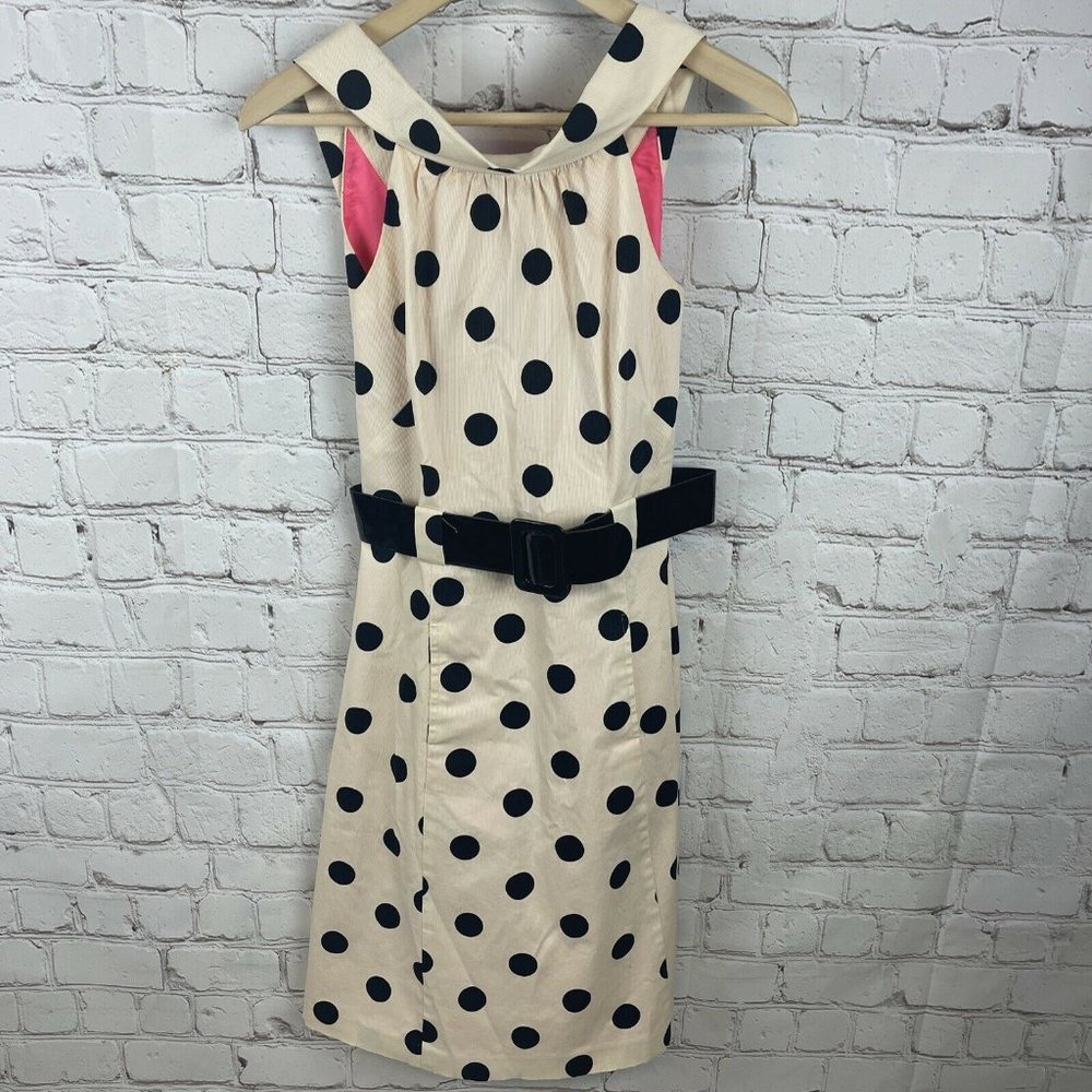 Eliza J Polka Dot Knee-Length Dress Size 4 w/ Belt Lined Tan Black
